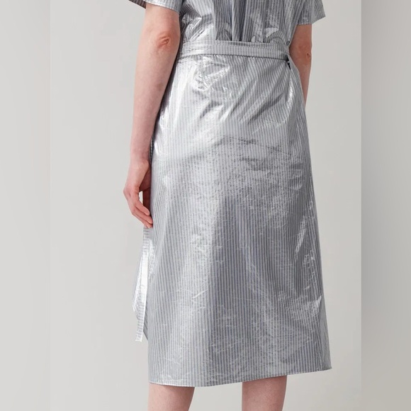 COS $175 Metallic Silver Striped Asymmetrical Wrap‎ Midi Skirt Romania Holiday - Picture 3 of 9